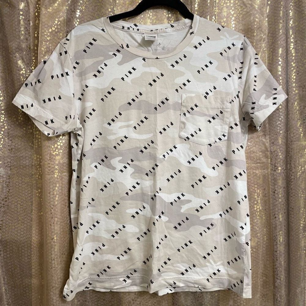 PINK Victorias Secret light camo logo/rosegold t-shirt, size S